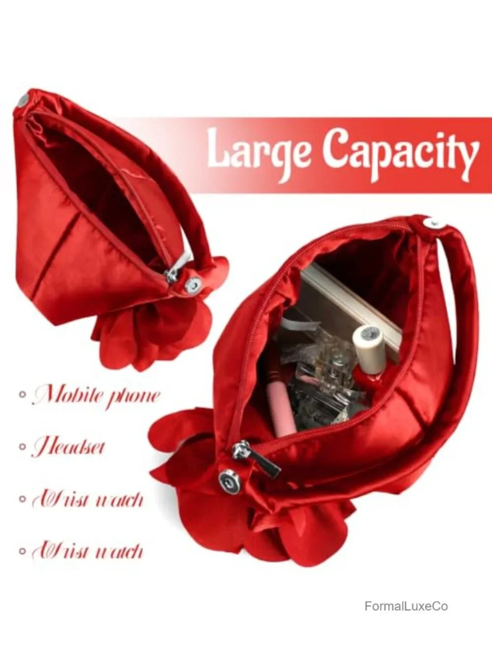 Satin Evening Clutch with 3D Floral Design Detachable Chain Wristlet